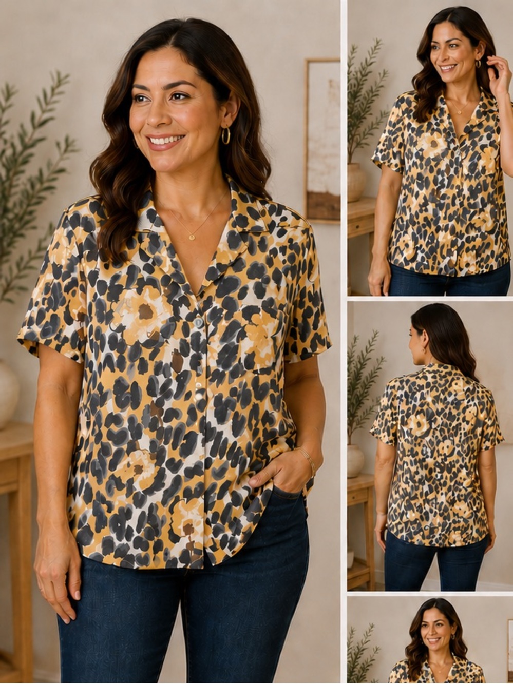Kathy Che Leopard Floral Button Front Blouse Size‎ 14